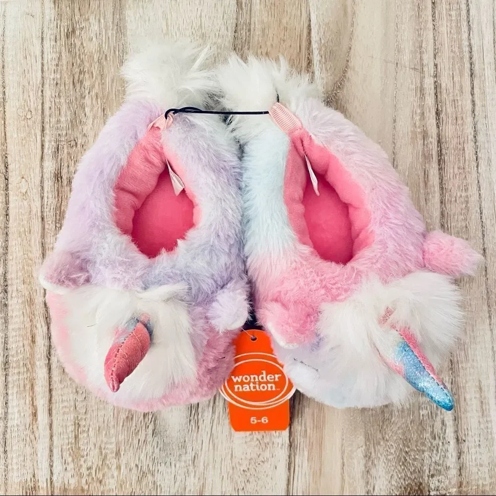 NWT Wonder Nation Pink,Lilac,Blue Toddler Girl Plush Unicorn Slippers Ruber Sole